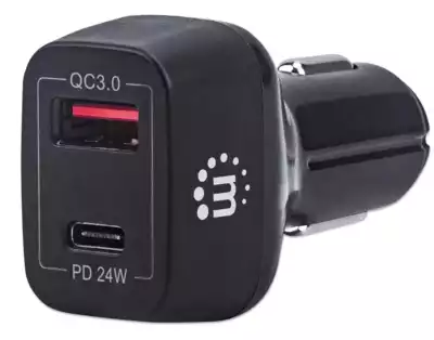 Avtopolnilec USB-C in USB-A 42W , 1xUSB-C (PD 3.0) in 1xUSB-A (QC 3.0), črne barve