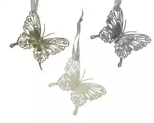 Okrasek metulj bel/zlat/srebrn, 8 cm, Kaem.