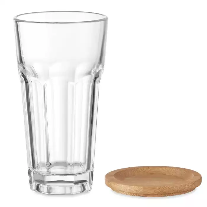 Steklen kozarec z bambusovim pokrovom